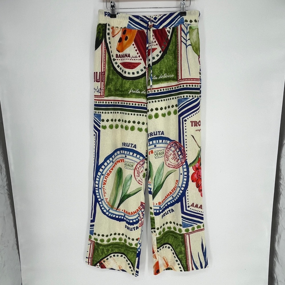 Rachel Zoe S Linen Blend Pants Tropical Fruit Print Wide Leg Resort Summer - Picture 2 of 8